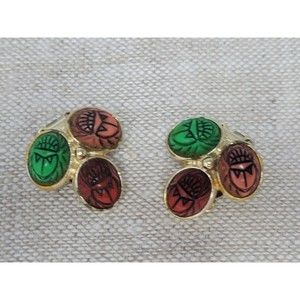 60s Etruscan Scarab Clip On Earrings Multi-color Green Red Salmon Pink Lucite